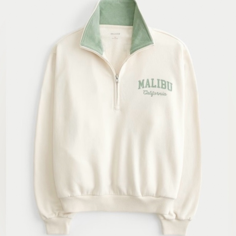 Hollister Easy Malibu California Graphic Half-Zip Sweatshirt Beige Medium